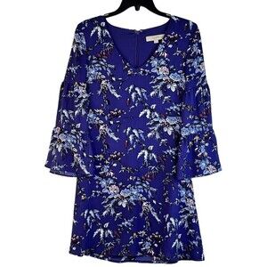 ANN TAYLOR LOFT PETITE SZ 2P  Bell Sleeve V-Neck Purple Flower Dress EUC